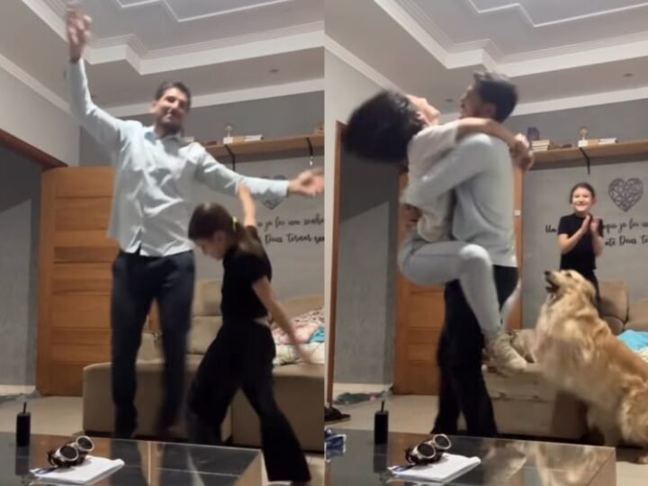 Pai dança para animar filha após dia difícil e alegria contagia a família inteira